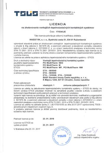 licencia TSUS na zateplovanie